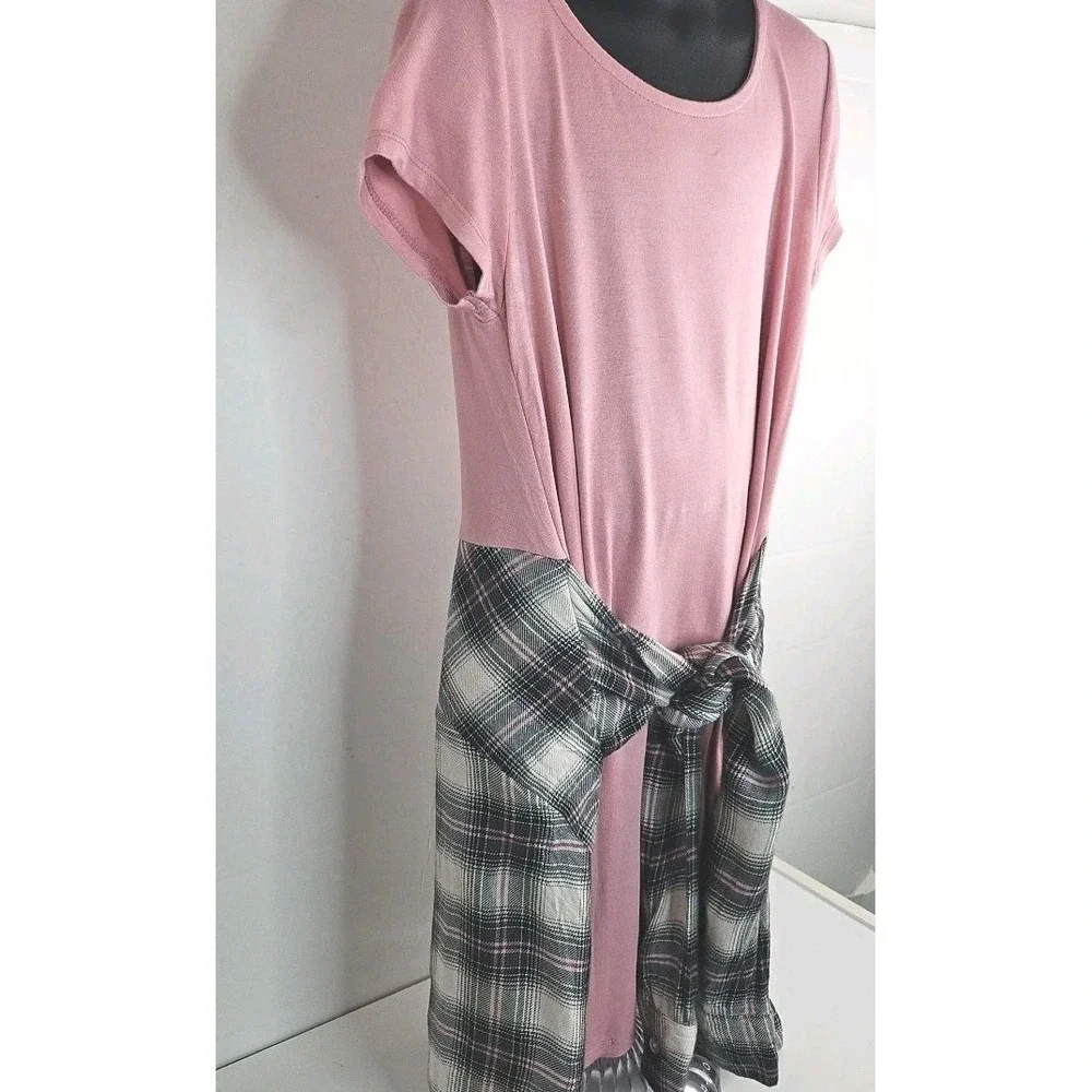 Justice Pink Dress w/ Faux Black Pink Flannel Shirt Tie Dress Size 8
